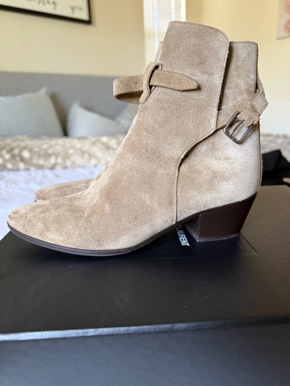 Saint Laurent Taupe Suede Ankle Boots with Buckle Strap - Picture 6 of 15